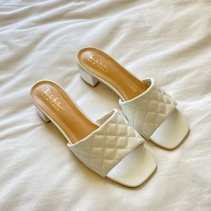 White quilted block heel sandals